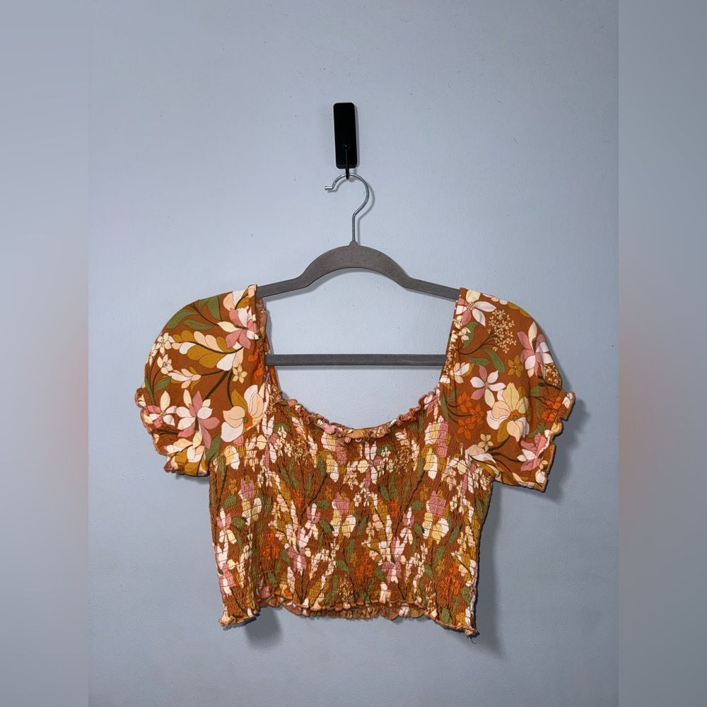 Aerie Orange Floral Smocked Puff Sleeve Cropped Top Size Small GUC feminine boho
